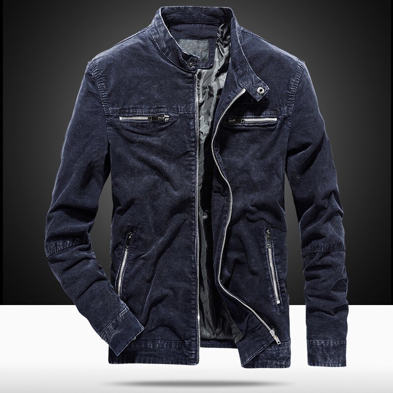 Cotton Men Slim Fit Denim Jacket Casual Stand Collar Long Sleeve Jacket Pocket Zipper Male Coat Plus Size M-3XL