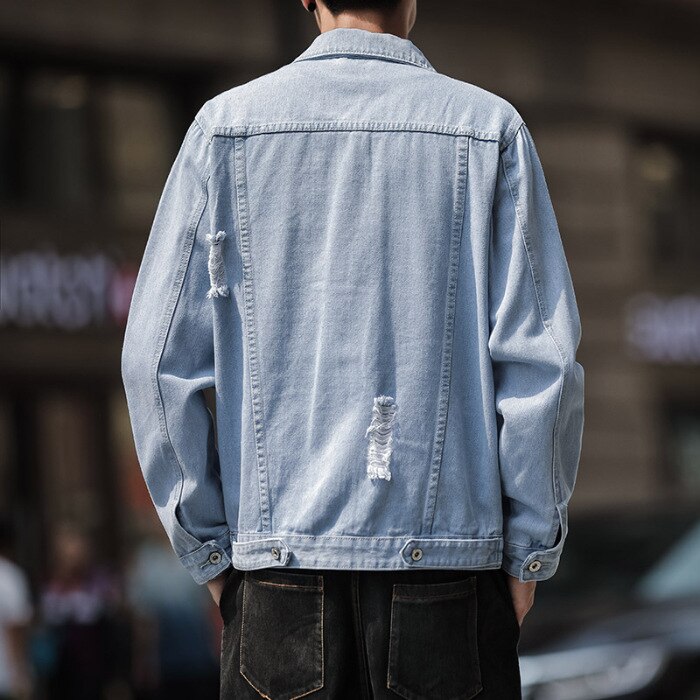 Mannen Met Gaten Denim Jas Jeugd Lente Seizoen Trend Knappe Veelzijdige Casual Loose-Fit Denim Jas