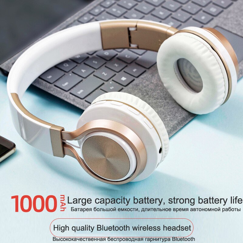 Casque sans fil or casque Bluetooth pliable casque stéréo écouteurs de jeu Support TF carte avec micro pour téléphone PC Mp3