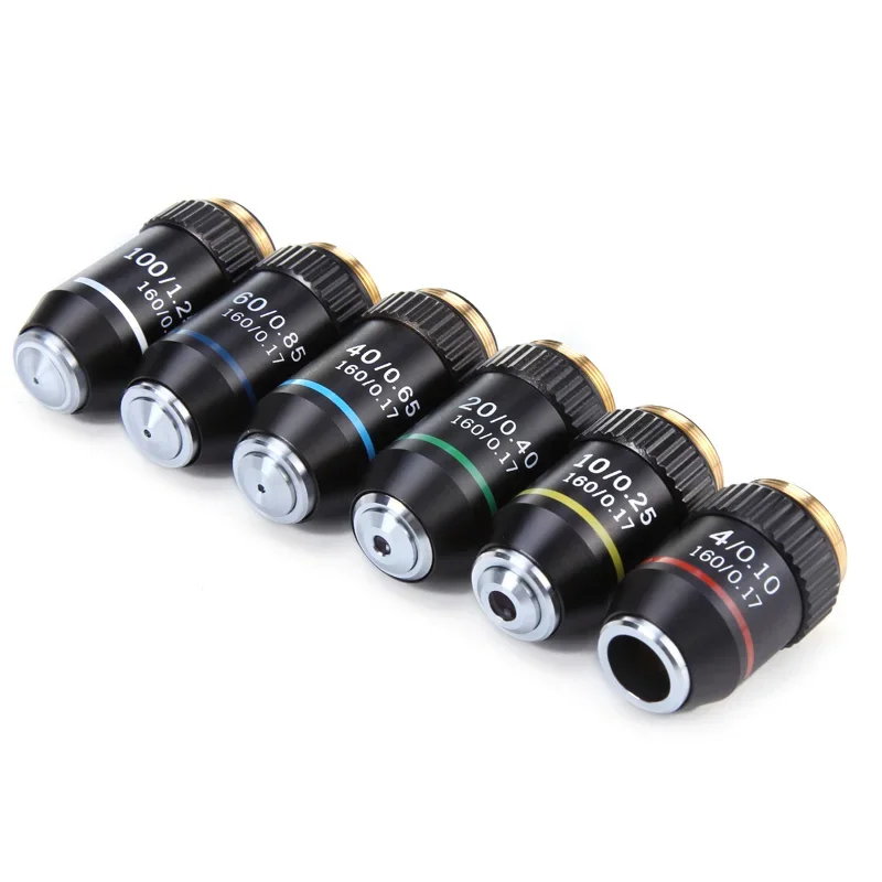 195 objetivo acromático 4X 10X 20X 40X 60X 100X lente objetivo de microscopio de RMS 20,2mm piezas de objetivo óptico