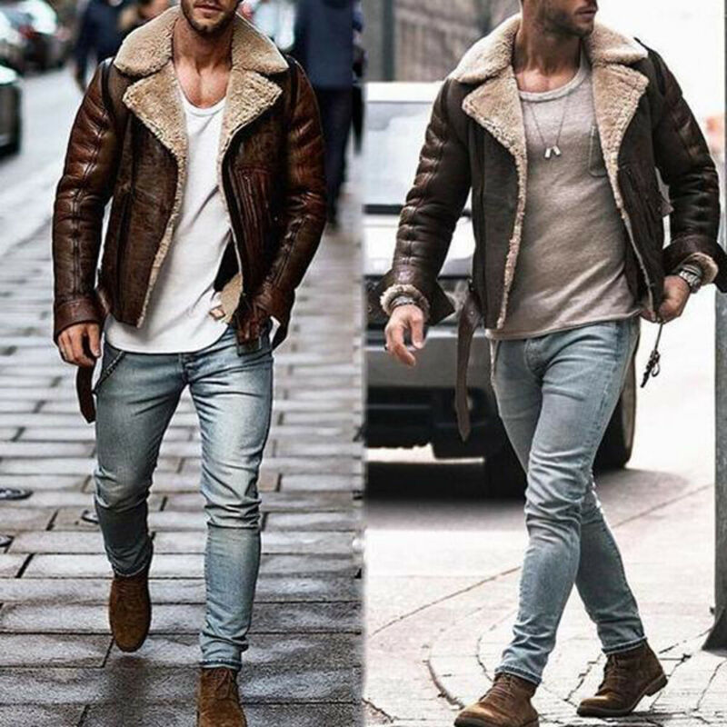 Hommes aviateur marron vestes en cuir synthétique polyuréthane tout Style Bomber col en fourrure en peau de mouton veste caban pardessus