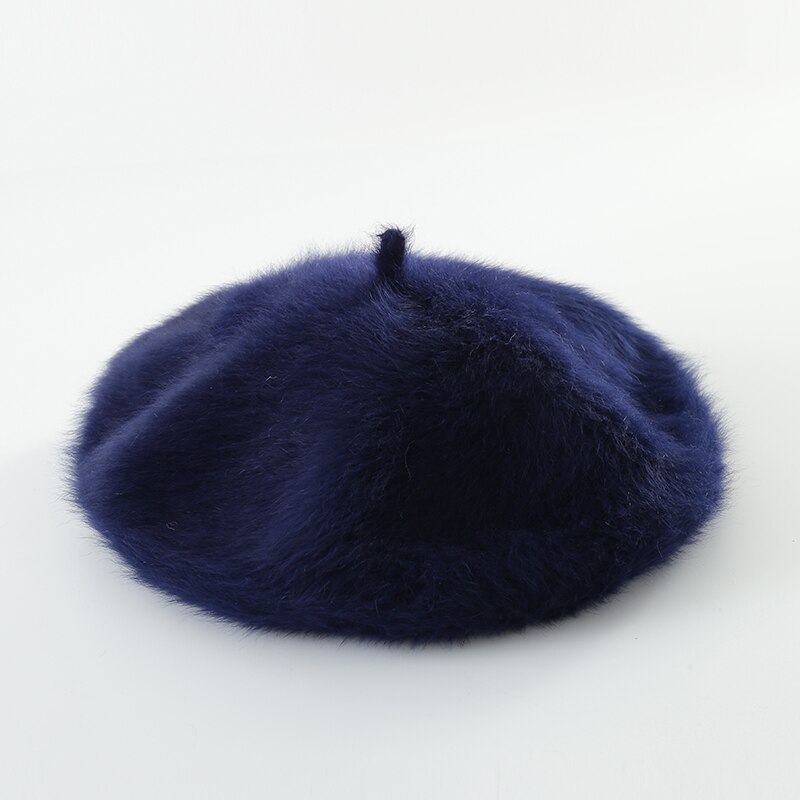 Høst vinter kanin pels beret lue for kvinner jenter solid varm baret fransk lue utendørs reise beret maler lue dame cap: Marineblå