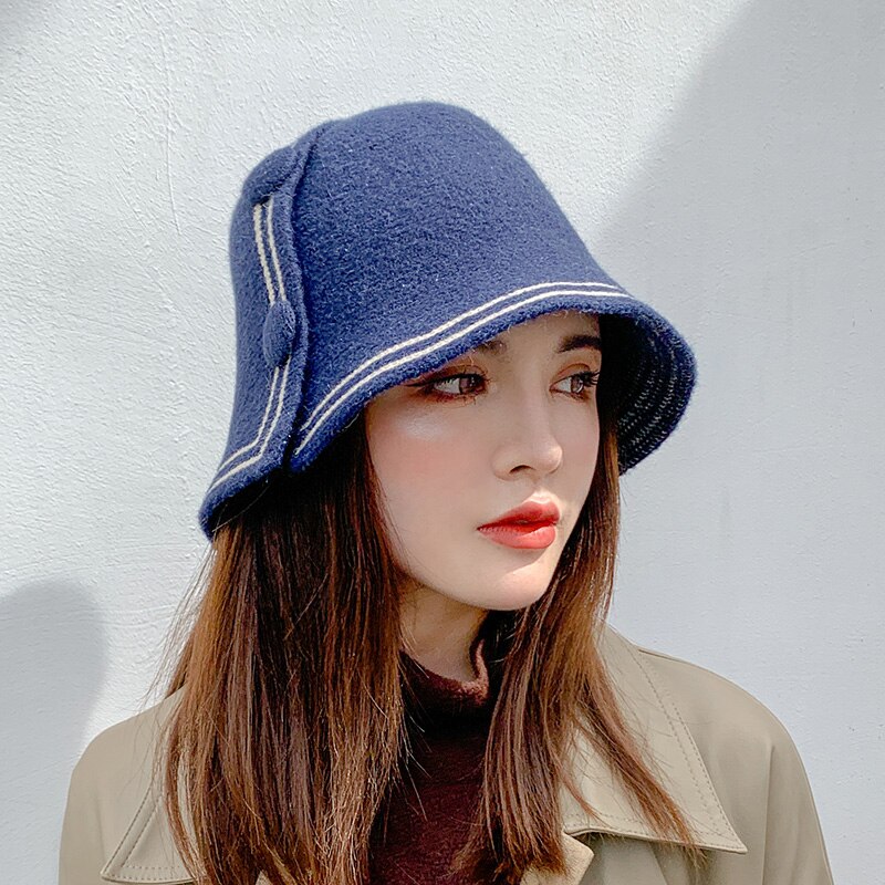 Chapéu de pescador feminino outono e inverno all-match bonito botão design moda aba larga bacia chapéu balde chapéu: Navy