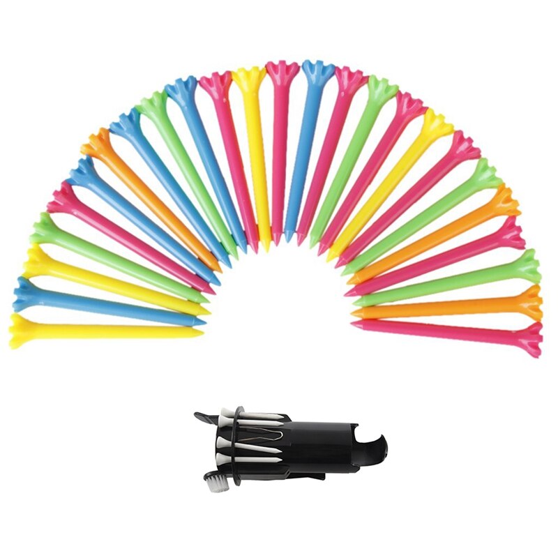 25 Pieces 67 mm Plastic Color Mixed Golf Tees Golfer Help Tool & 1 Pcs Golf Ball Tee Holder With Nylon Brush