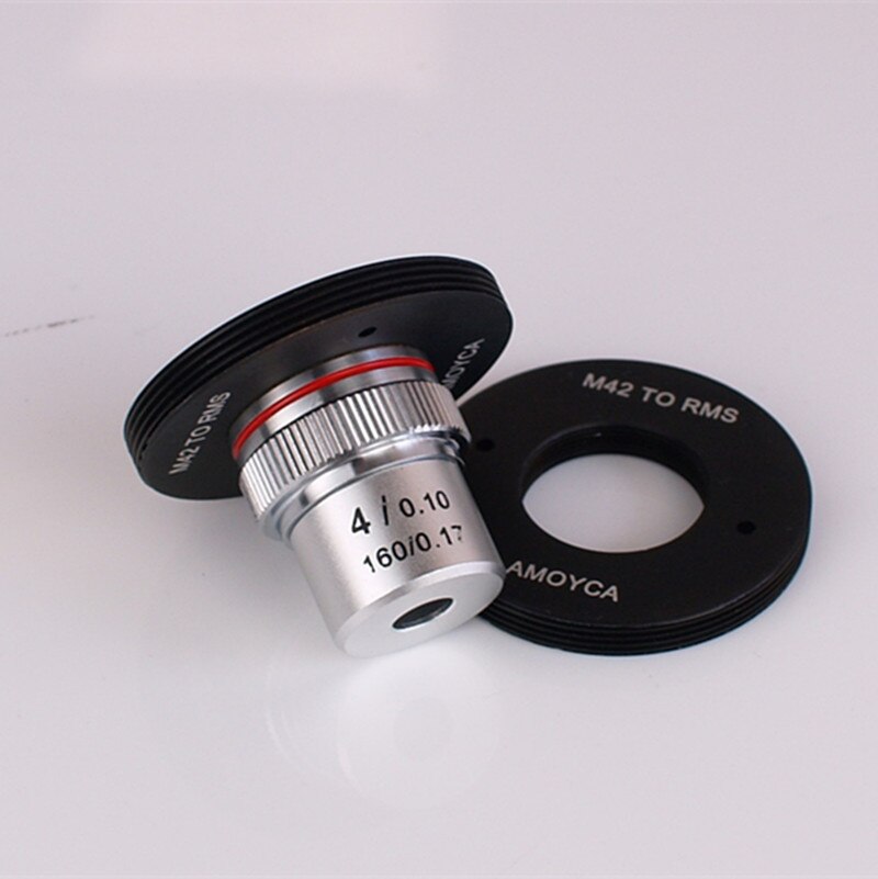 4x objektivlinser 20.2mm og aluminiumsadapterringmontering til mikroskop objektivlinser rms til  m42 brug på digitalkamera: Ring og linse