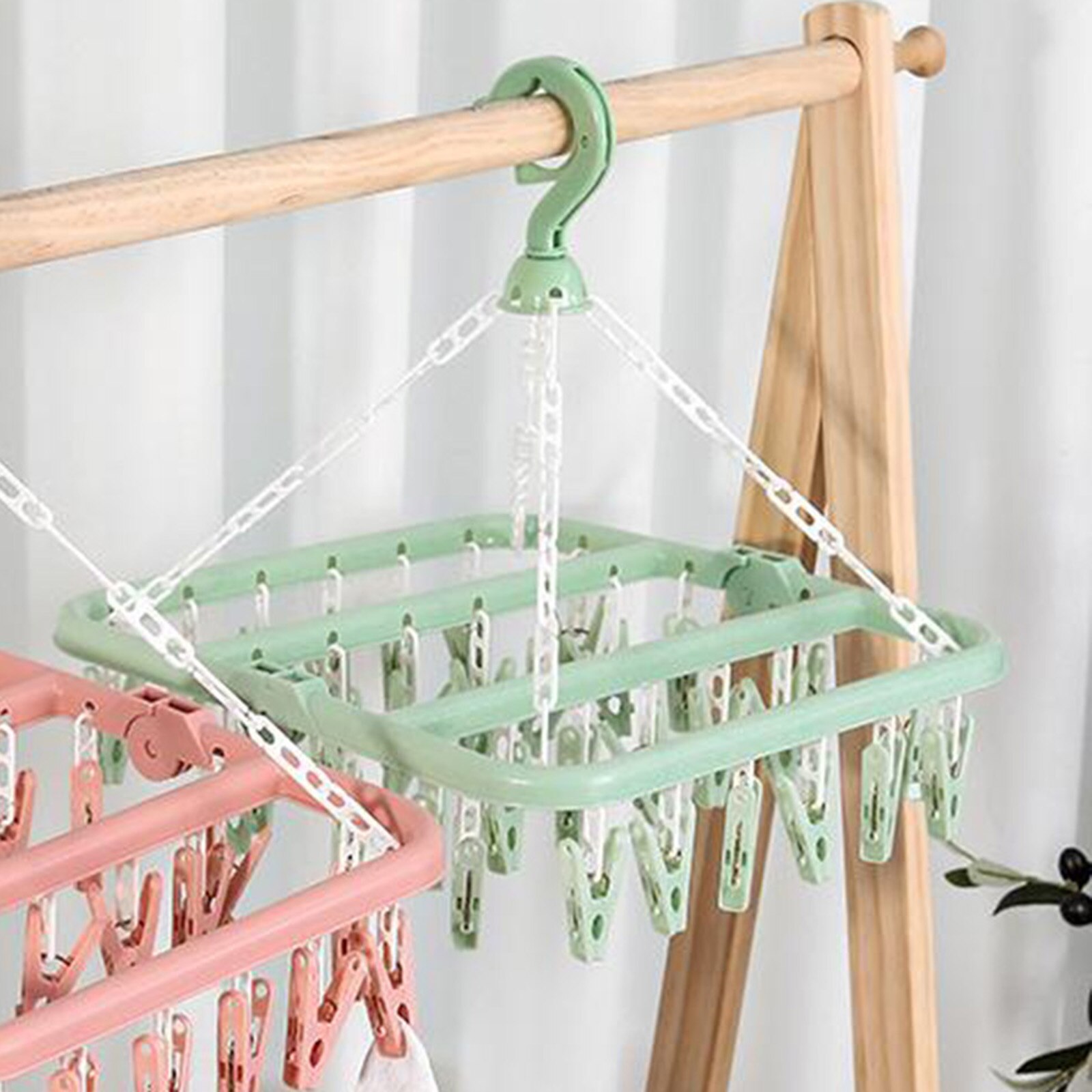 32 Peg Foldable Clip Hangers, Underwear Hanger with Clips, Plastic Laundry Clip and Drip Drying Hanger for Socks, Bras, Clothes