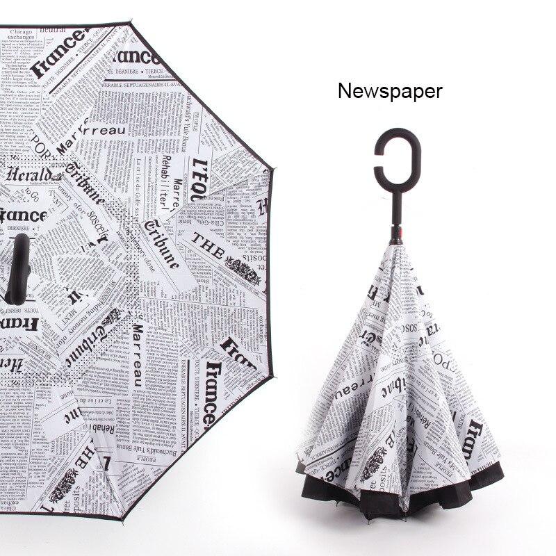 Reverse Umbrella Man Inverted Umbrella Umbrellas C Handle Windproof Women Sun and Rain Anti UV invertido Paraguas Parapluie: newspaper