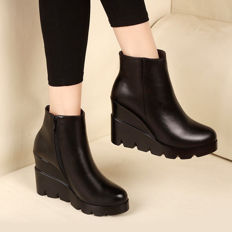 Otoño e Invierno de plataforma de cuero suave zapatos de tacón alto chica cuñas tobillo botas zapatos de para mujer botas Mujer talla 34-40: 4