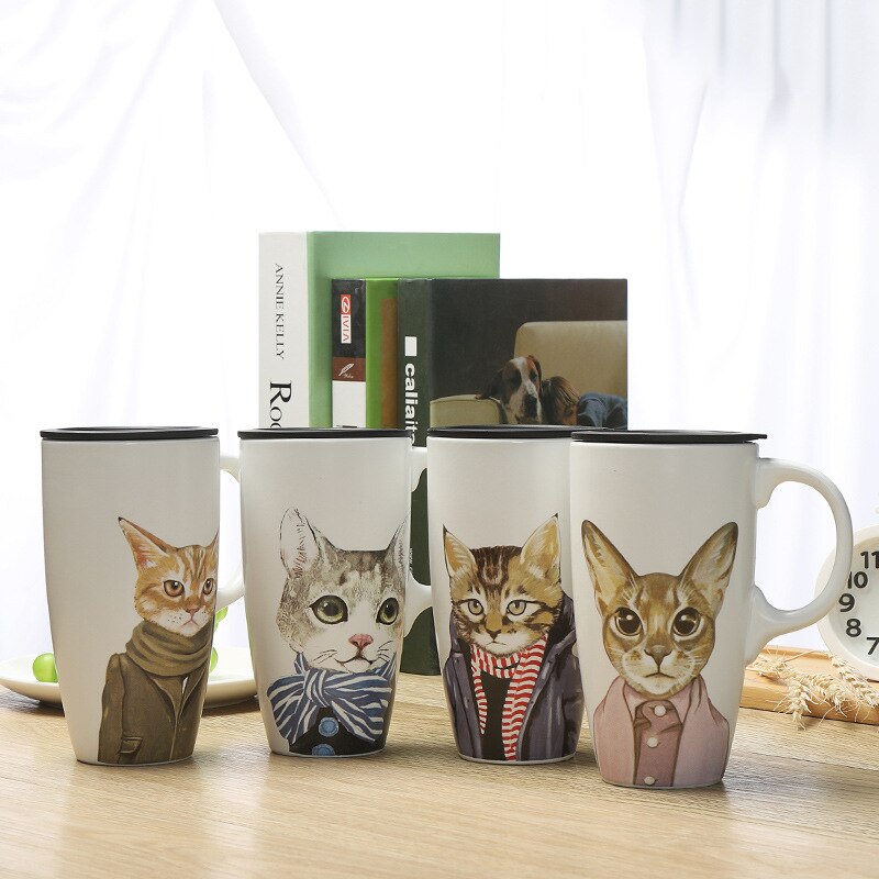 Taza para agua de cerámica con tapa para gatos, taza para café o leche de gran capacidad, creativa, clásica, a la , 500ml