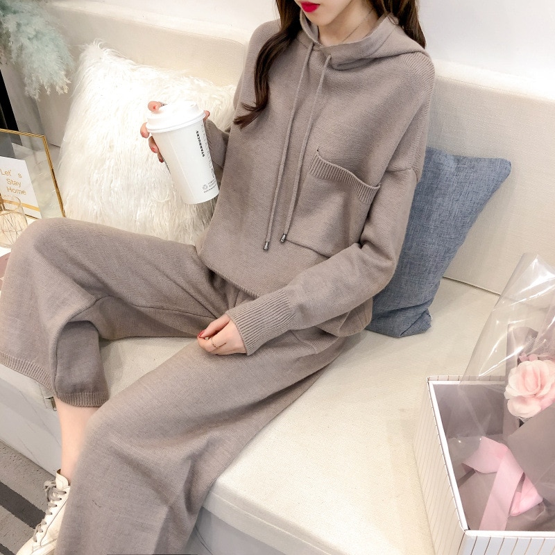 Women's Two Piece Hooded Sweater Spring Autumn Clothes Loose Wool Wide Leg Pants Casual Knitting Sport Suit: Khaki