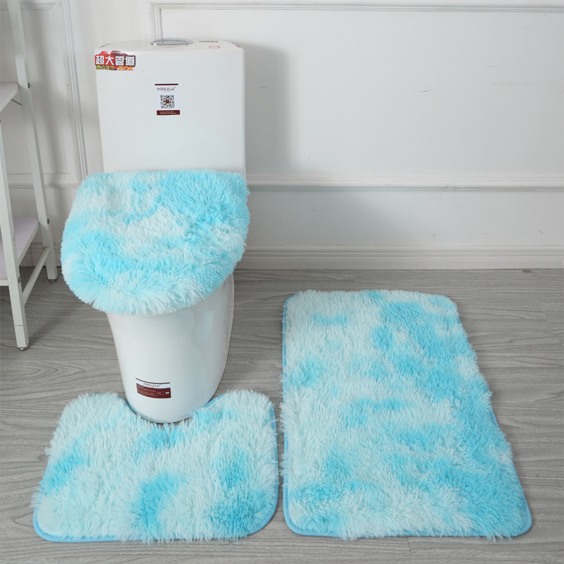 3pcs/set Tie-Dye Colorful Bathroom Mat Set Non-slip Bath WC Carpets Rectangle U-shape Bathroom Toilet Rugs And Lid Cover Kit: light blue