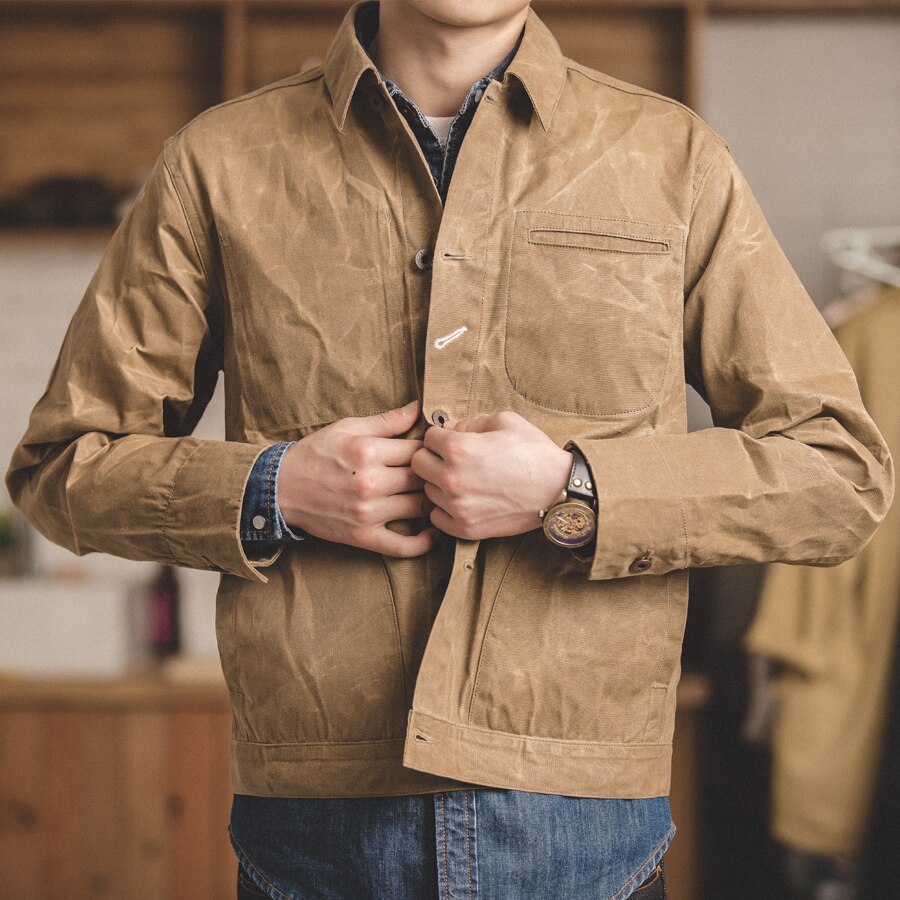 Maden-chaquetas de lona con cera al óleo para hombre, chaqueta Retro de color caqui con múltiples bolsillos, con cuentas, Ami Kaji, con bolsillo grande, ropa Vintage sólida