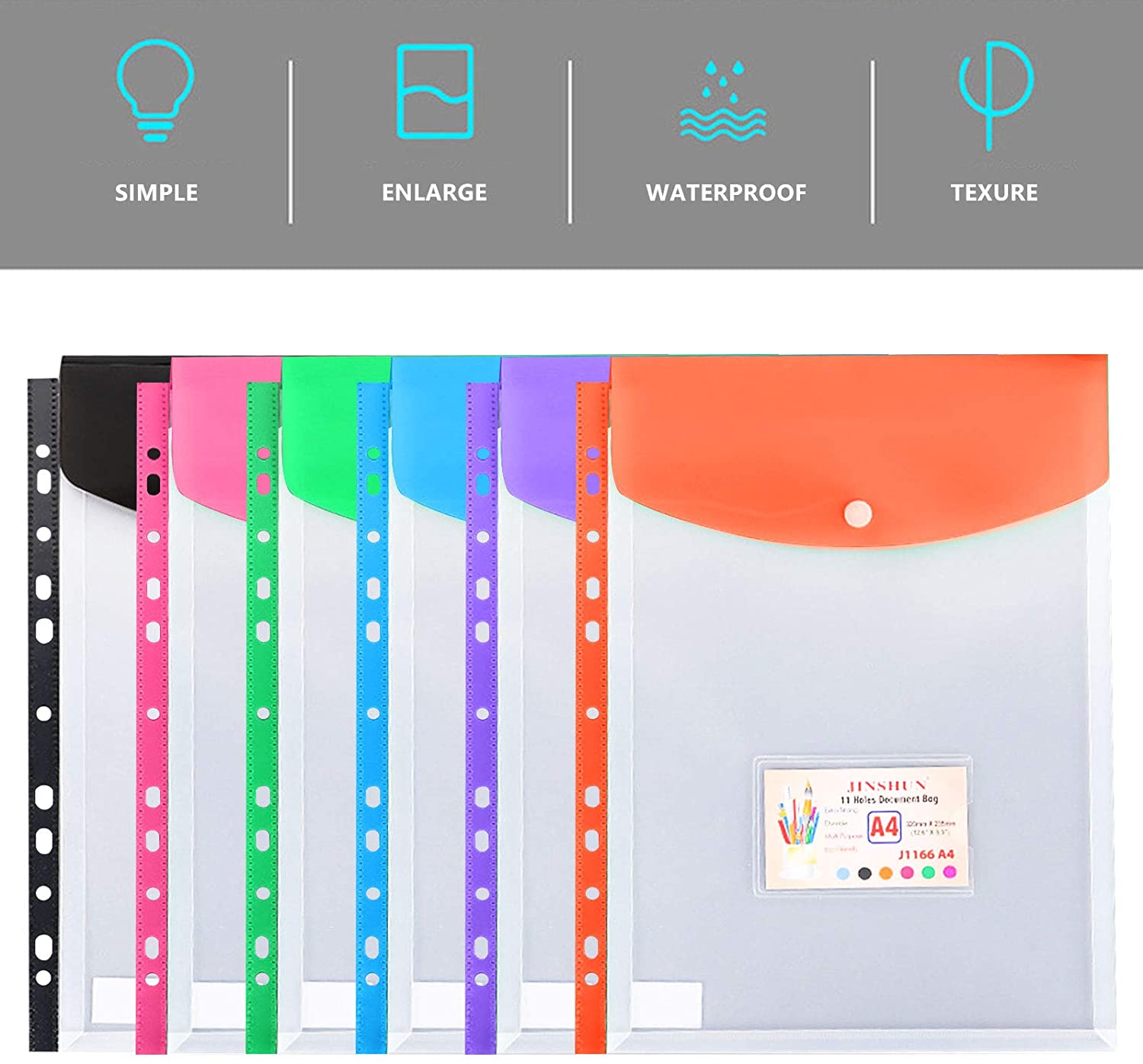 A4 Clear Plastic Punched Pockets with Button Closure for Home Office and School Files 11 Hole Binder Envelopes Folders Organizer