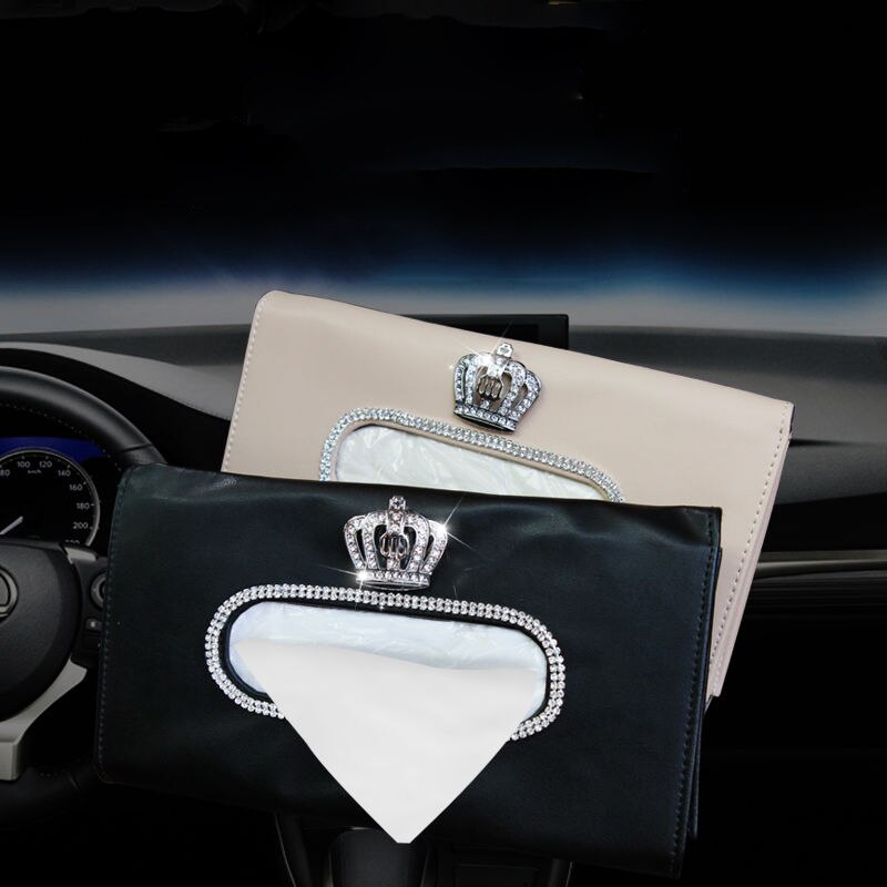Moda couro do plutônio caixa de tecido do carro viseira sol bling diamante cisne coroa tecido titular caixa para acessórios do carro meninas