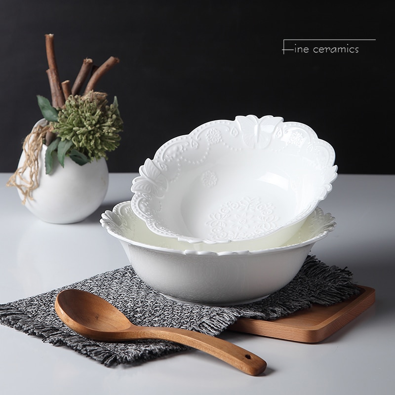 9inch, white embossed porcelain soup dinner serving bowl. ceramic mixing bowls for baking, butterfly , kitchen cooking