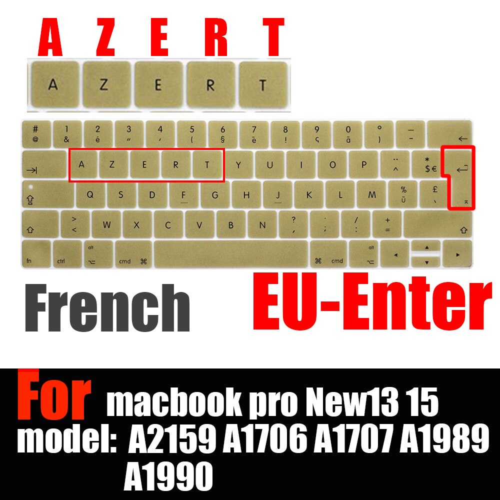 Francuski układ osłona klawiatury ue dla macbook touchbar 13 "15" A1990 A1989 A1707 A1706 folia ochronna na klawiaturę laptopa AZERT: Złota