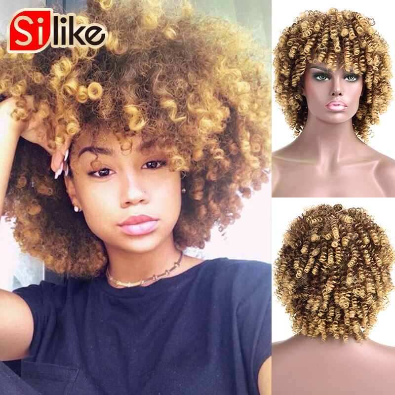 Silike Korte Bouncy Krul Pruik Afro Kinky Krullende Pruik Synthetische Korte Pruik Met Pony Gemengde Bruin Blonde Pruik Voor Zwarte vrouwen: T1B/27