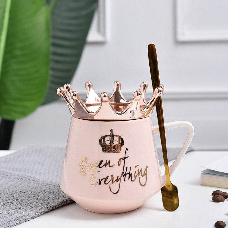 Criativo coroa cerâmica caneca rosa bonito caneca de café nórdico copo de leite com colher tampas café xícara de chá canecas de água lembranças do feriado presente: Rosa