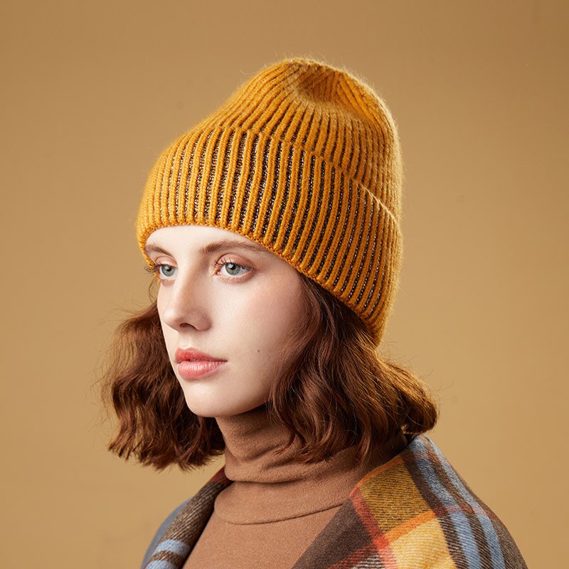 Kvinnliga mössor vintermössor för kvinnor kaninhår casual höststickad mössa tjejmössa mjuk mössa: Gul