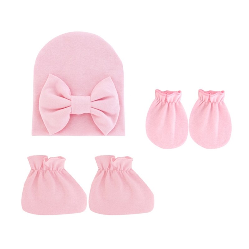 Baby Strik Hoed Geen Kras Handschoenen Voet Cover Set Zuigelingen Zachte Katoenen Wanten D5QA: Pink