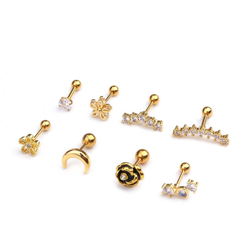 1Pc Goud Zilver Kleur Rvs Oor Kraakbeen Helix Schroef Terug Earring Stud Cz Tragus Roek Conch Piercing Sieraden