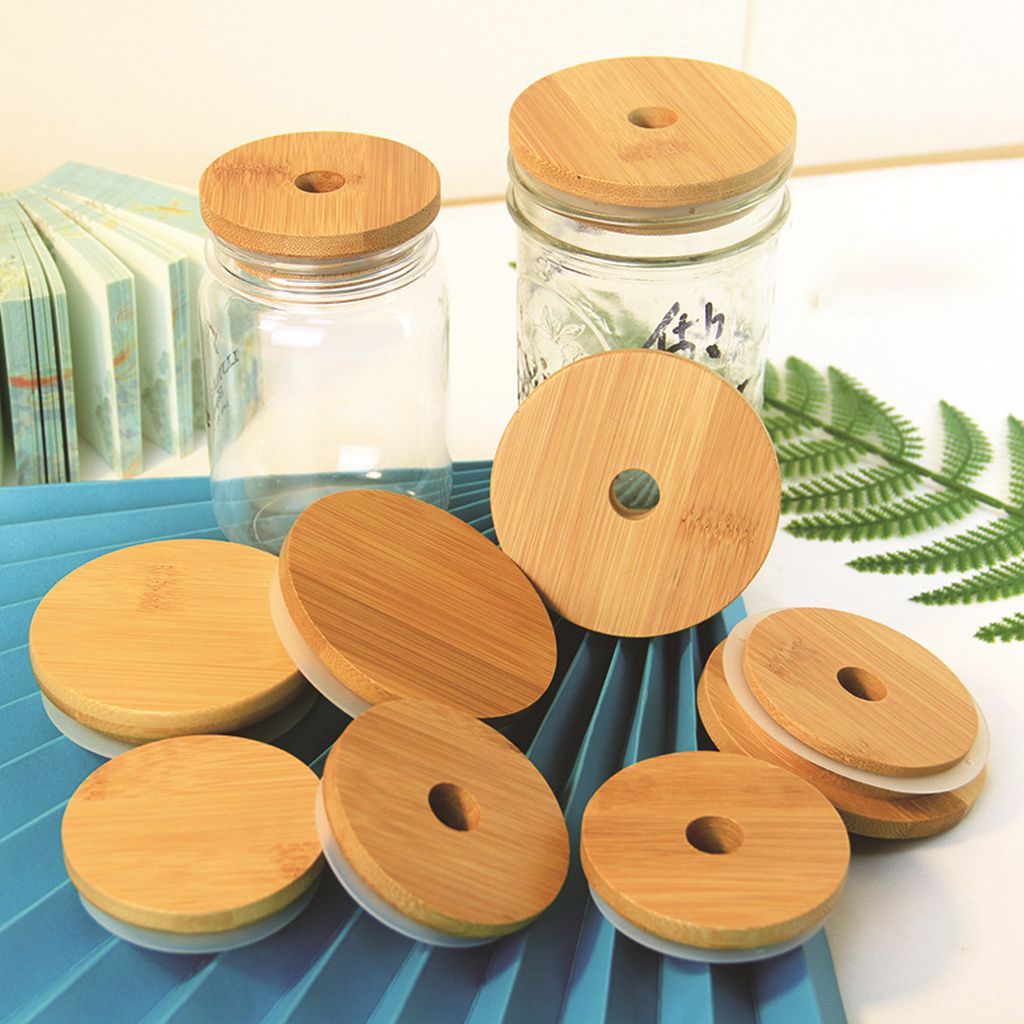 Tapas de tarros de madera de bambú con anillo de sellado de silicona, tapa de madera reutilizable, botellas, tazas, tapas de vasos con agujero de paja, 70/86mm, 1 ud.