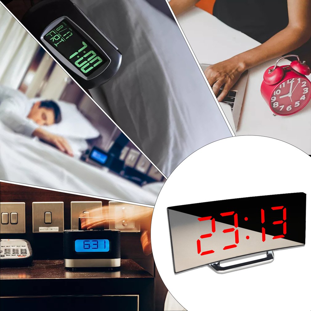 Large Screen LED Curved Surface Mirror Clock Silent Alarm Clock Desk Home Decoration Power Saving Data Storage Clock