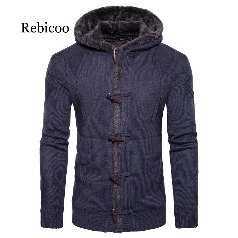 Hiver hommes chandail manteau boeuf corne boucle pull épaissir veste polaire tricoté à capuche Cardigan décontracté solide pardessus: Dark Grey / XL