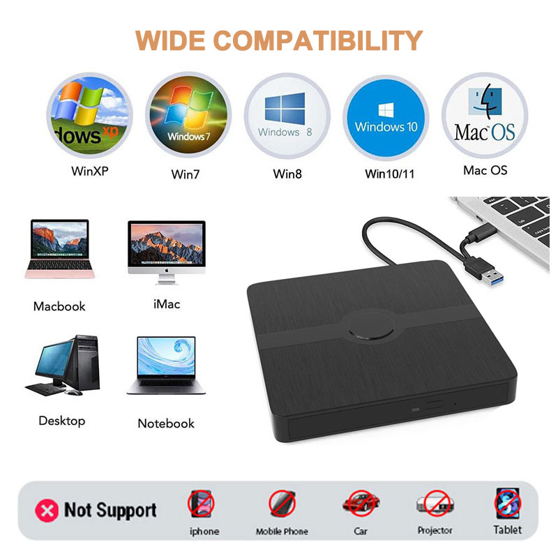USB 3.0 External Blu-ray Drive Portable 3D BD-Combo Optical Drives CD DVD Player Burner Reader for Laptop PC Windows 11/10 Mac