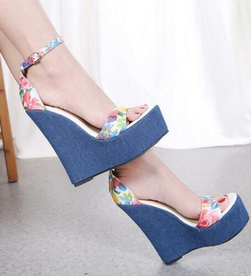 Womens Super High Wedge Platform Denim Jeans Heels Floral Printed Ankle Strap Sandals Shoes 16cm Pumps Roman Peep Toe B70