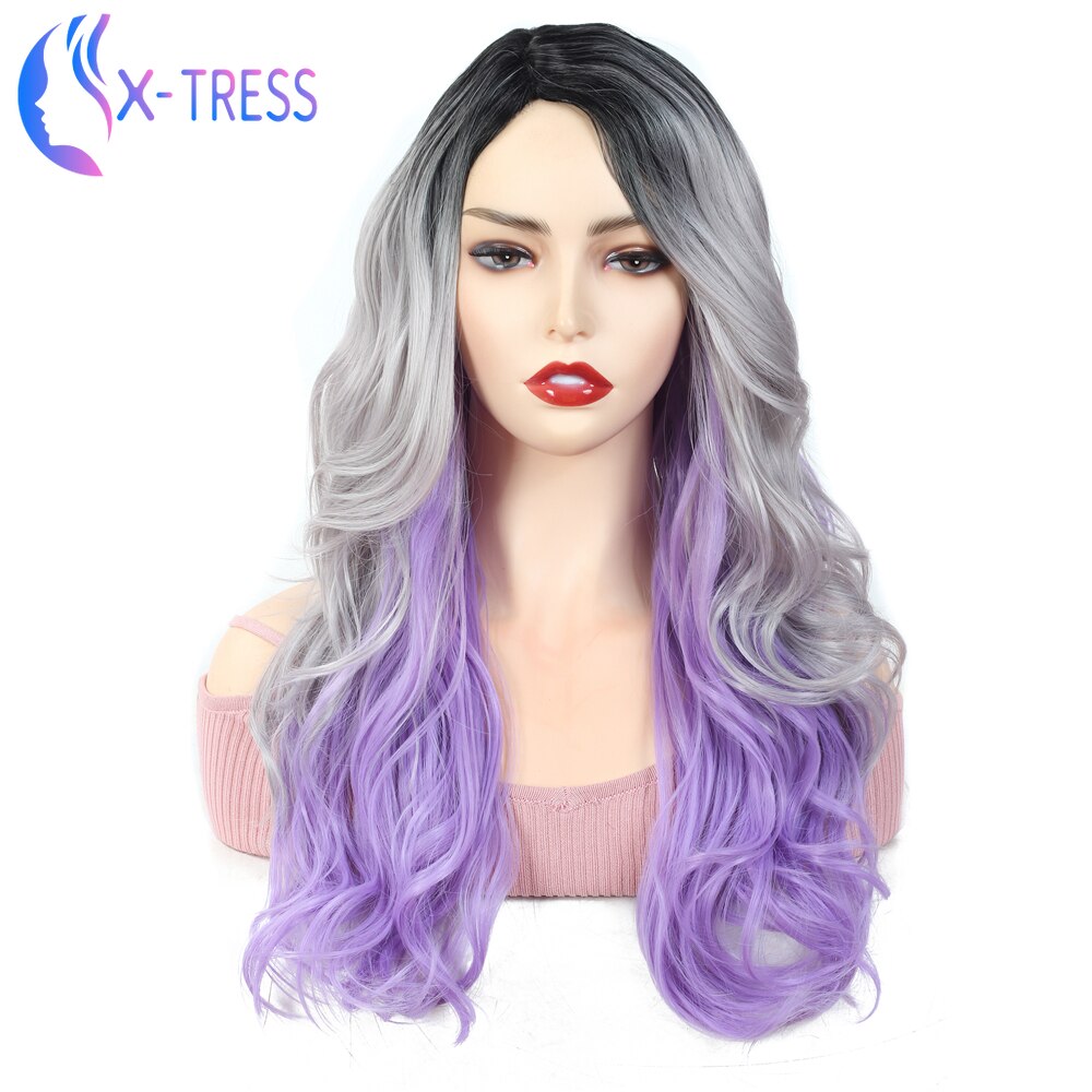 Peluca de pelo sintético de 20 "para mujer, Peluca de color negro, Gris, Morado, rizada, estilo Cosplay, X-TRESS