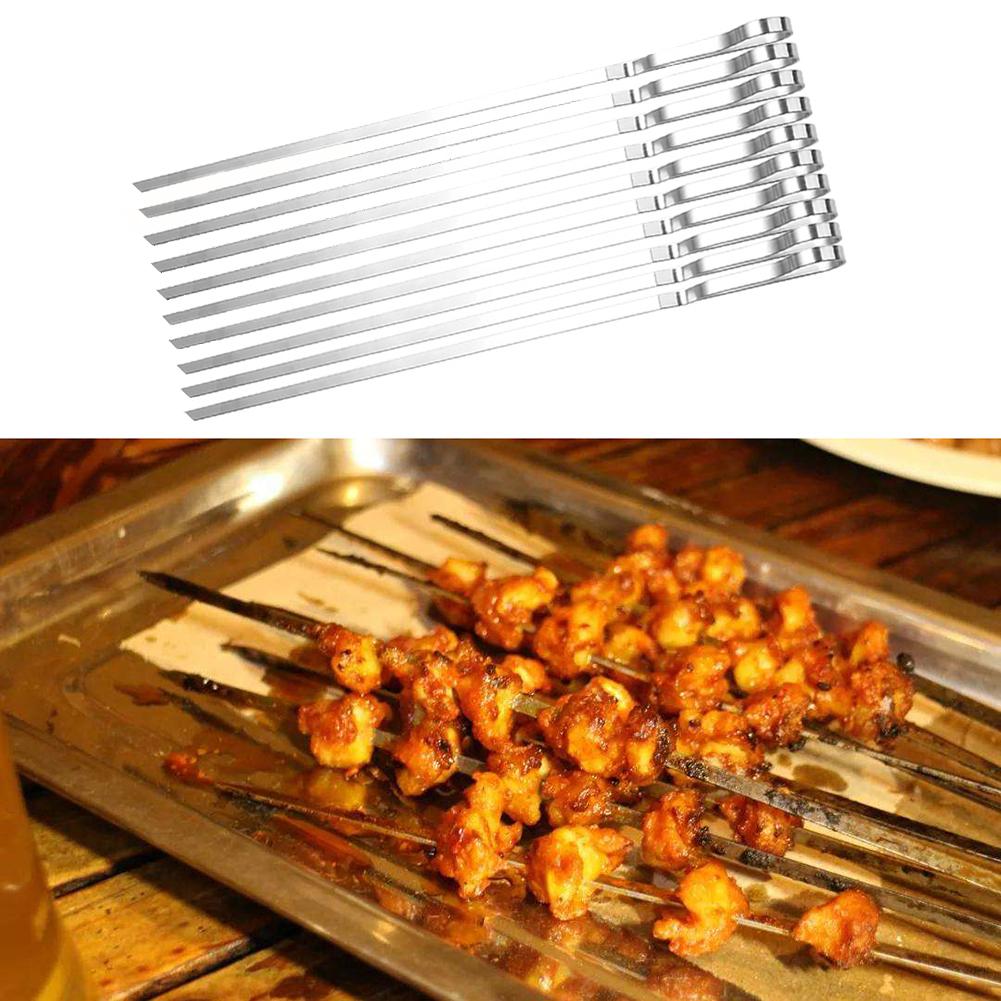 10 peças de aço inoxidável plana churrasco varas picnic carne grelhada espetos kebab