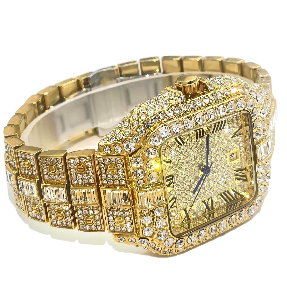 Luksuriøst guldur til mænd i rustfrit stål quartz armbåndsur herre hiphop iced diamant firkantet ur reloj hombre