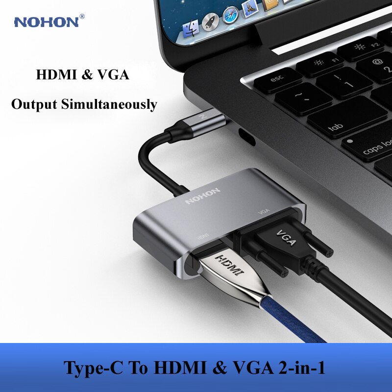 Nohon – HUB USB type-c vers HDMI et VGA, adaptateur pour MacBook, Samsung Galaxy S9/Note 9, Huawei P20 Pro, Mate 20 X Pro, ordinateur portable