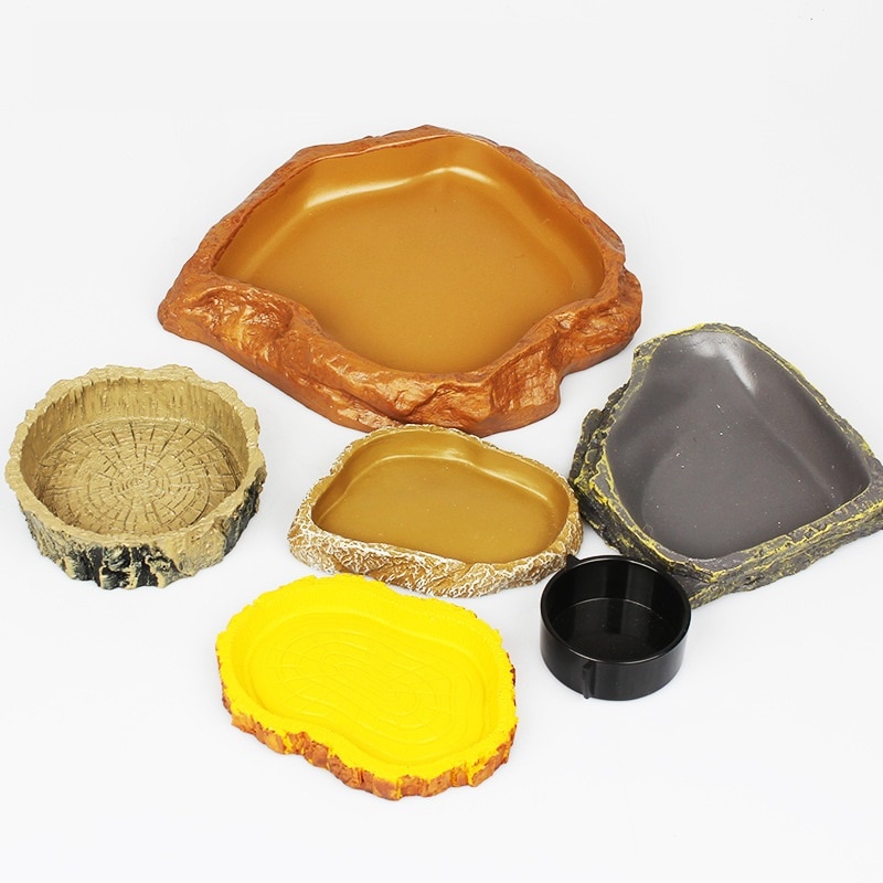 Reptile Rock Food Dish Bowl Lizard Gecko Water Dispenser Pet Bowls Anti-Escape Mini Superworm Feeder Terrarium Landscaping