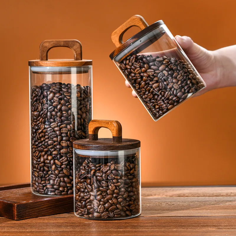 Tarro sellado de vidrio para granos de café con tapa de madera, tarros transparentes para granos de té, dulces, contenedores de almacenamiento de alimentos, botellas de almacenamiento de cocina