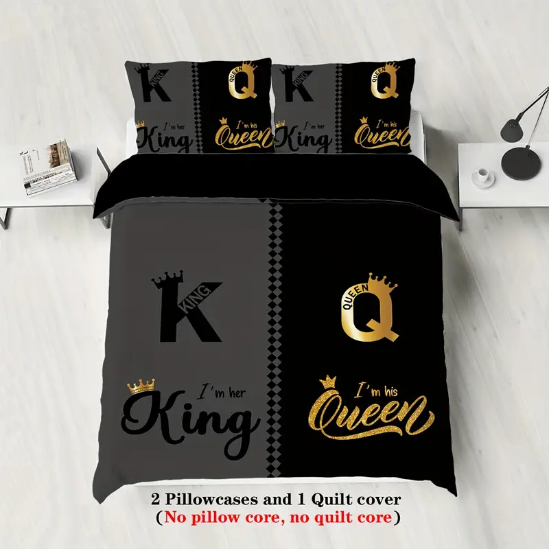 Juego de cama de con estampado king size y queen, color negro y gris, 1 funda nórdica + 2 fundas de almohada, para el hogar y el dormitorio, 3 uds.: 175*220cm