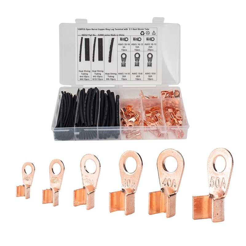 AU05 -Open Barrel Wire Crimp Copper Ring Lugs Terminal Connector with 2:1 Heat Shrink Tubing Assortment Kit: 85