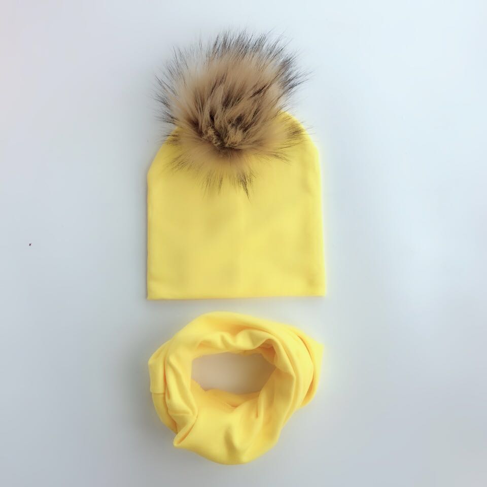 Kinderen Pom Pom Hoed Herfst Winter Baby Hoed Meisjes Jongens Cap Kids Beanie Bonnet Kraag Sjaal Set Baby Cap fotografie Props: 2 yellow