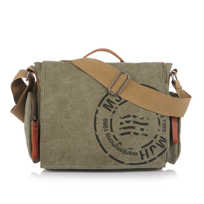 Bolsa de lona de algodão masculina, bolsa de ombro fashion versão casual com aba para celular, bolso com espaço para o interior: army green