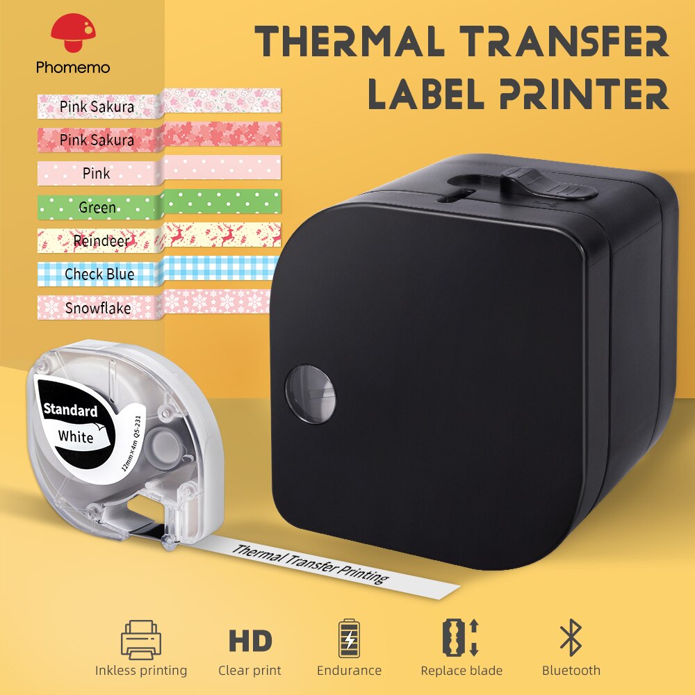 Phomemo Printer Transfer Thermal Printing With 4 Rolls White Label Tapes Mini Impresora Label Maker Using Organization: 1 Black Printer