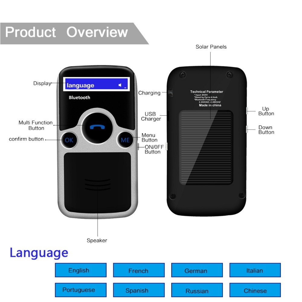 Siparnuo Zonne-energie Aux Bluetooth Carkit Zonneklep Handsfree Speakerphone Met Usb Bluetooth Russisch Spaans Frans Voice