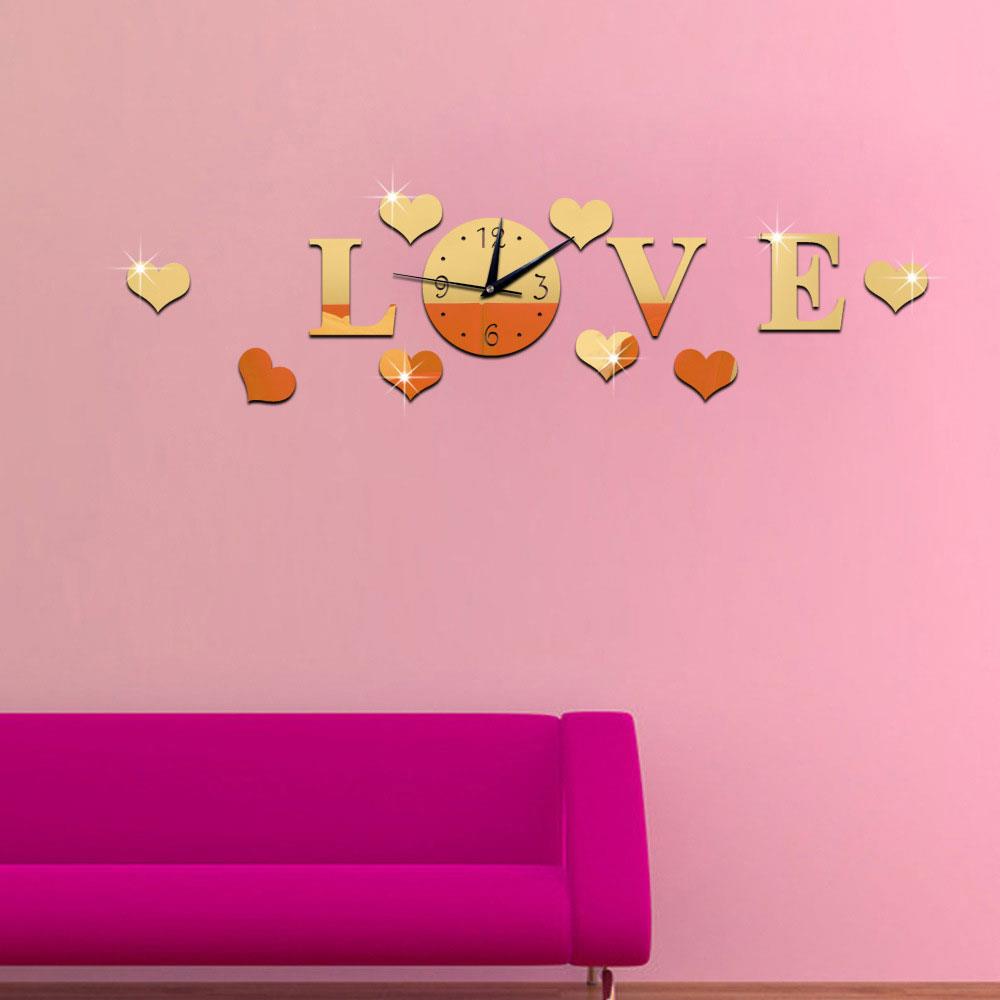 Creatieve 3D Spiegel Effect Stickers Wandklok Liefde Decals Woonkamer Decoratie