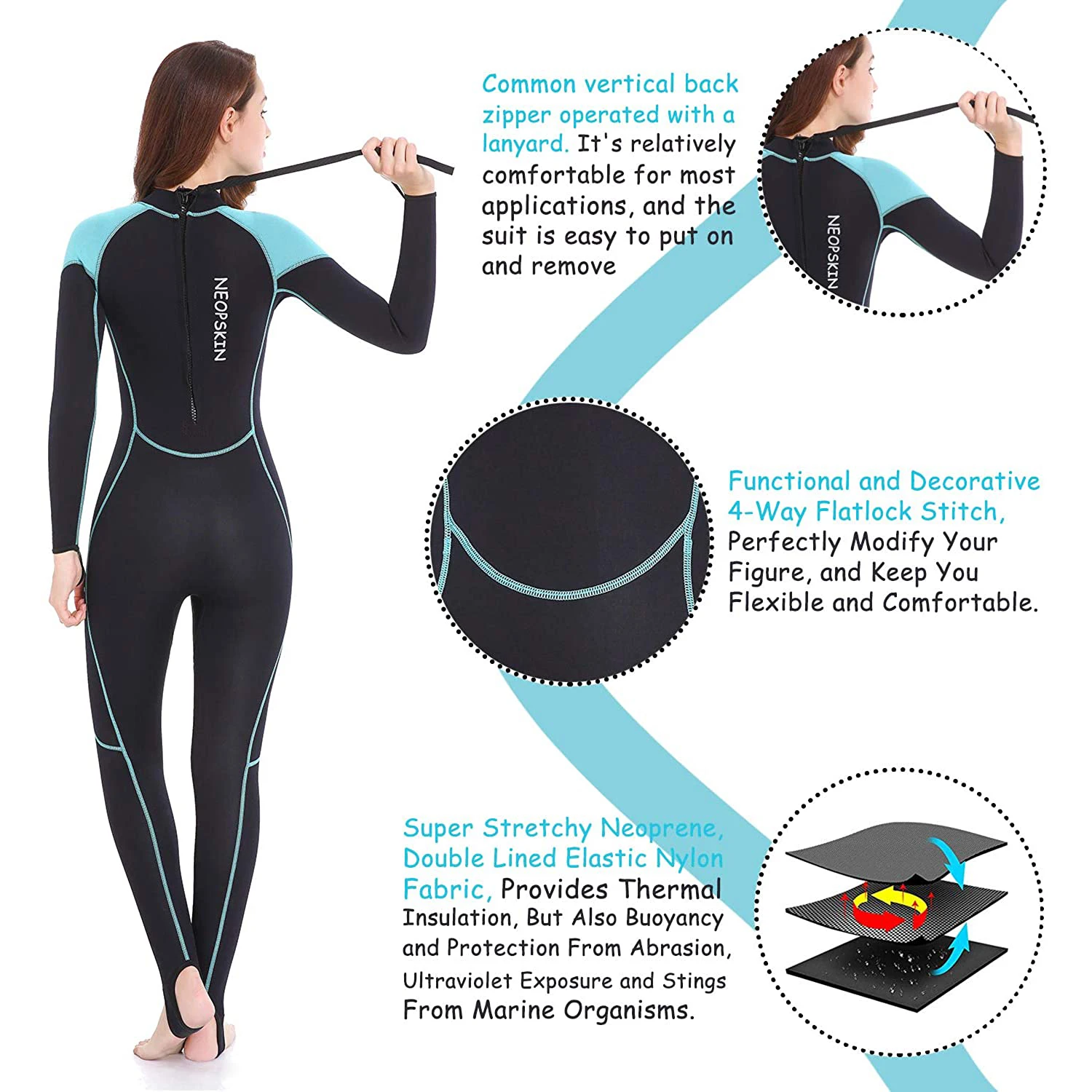 Combinaisons humides en néoprène 2mm pour femmes, combinaison complète pour la plongée en apnée, le surf, la natation, le canoë dans l'eau froide, sangle à fermeture éclair au dos