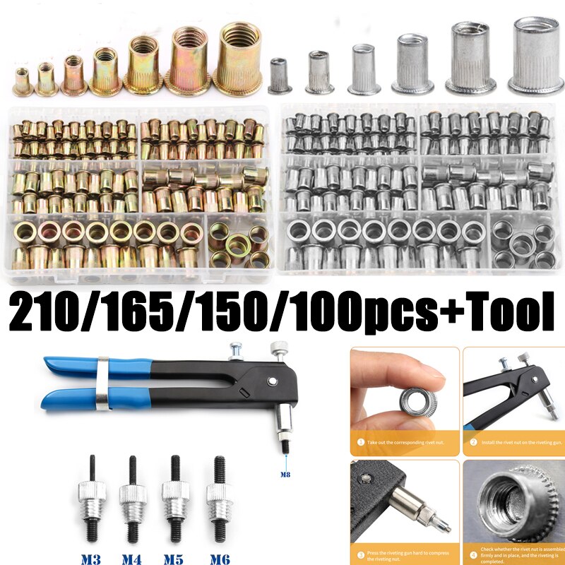 100/150/165/210pcs M3-M12 Multi Flat Head Metric Thread Blind Rivet Nut Insert Rivnut Nutsert Screw