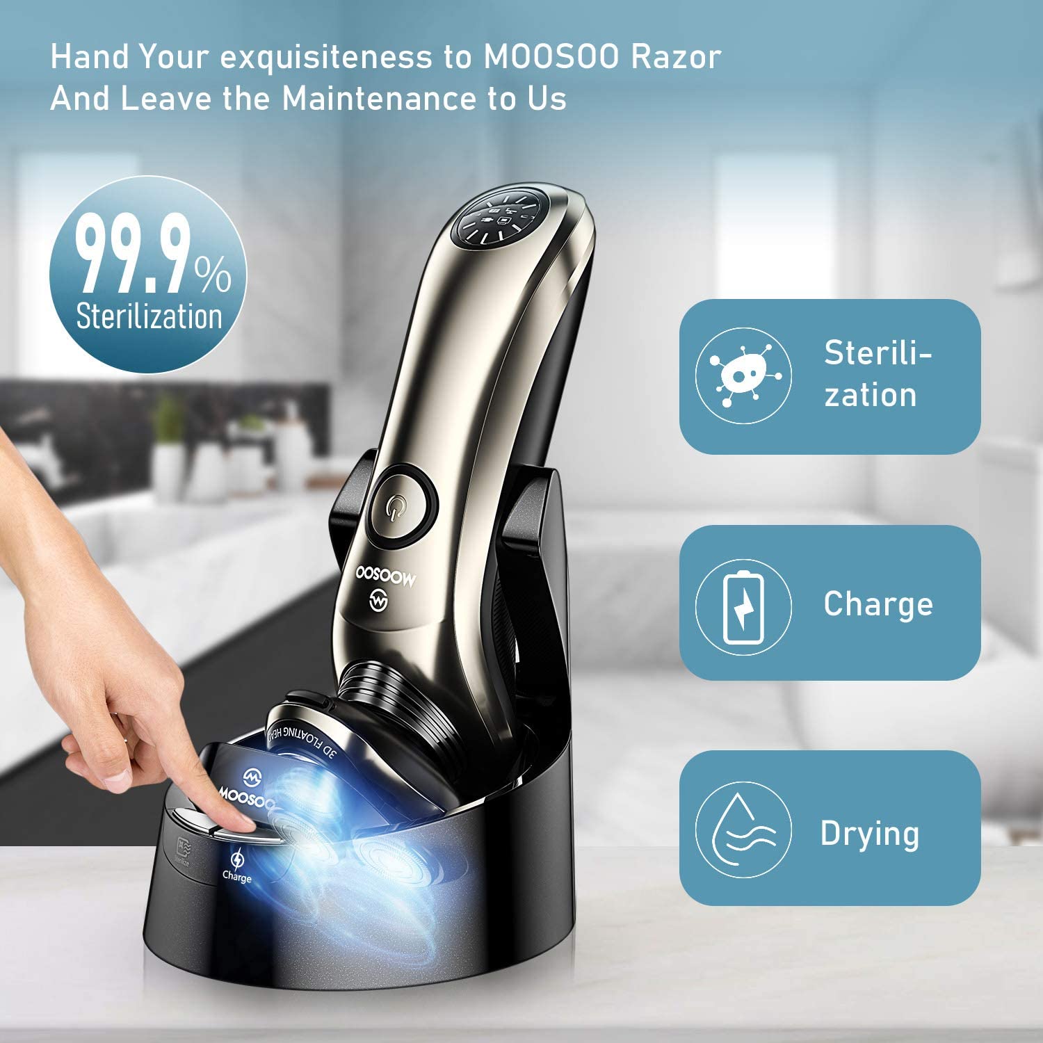 Moosoo-Afeitadora eléctrica con estación de limpieza para hombre, máquina de afeitar Facial recargable, en seco y húmedo, resistente al agua