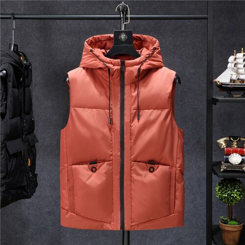 Winter Jassen Casual Dikke Vesten Mannen Mouwloze Hoodie Jassen Mannelijke Katoen Gevoerde Warme Slanke Grote Pocket Vest: Oranje / L