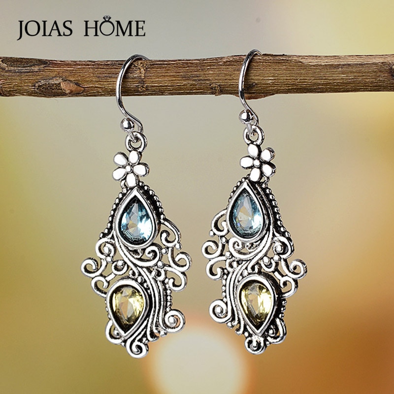 JoiasHome 925 Earrings Vintage Ethnic Blue Sea Topaz Passion Flower Water Pear Shaped Earrings