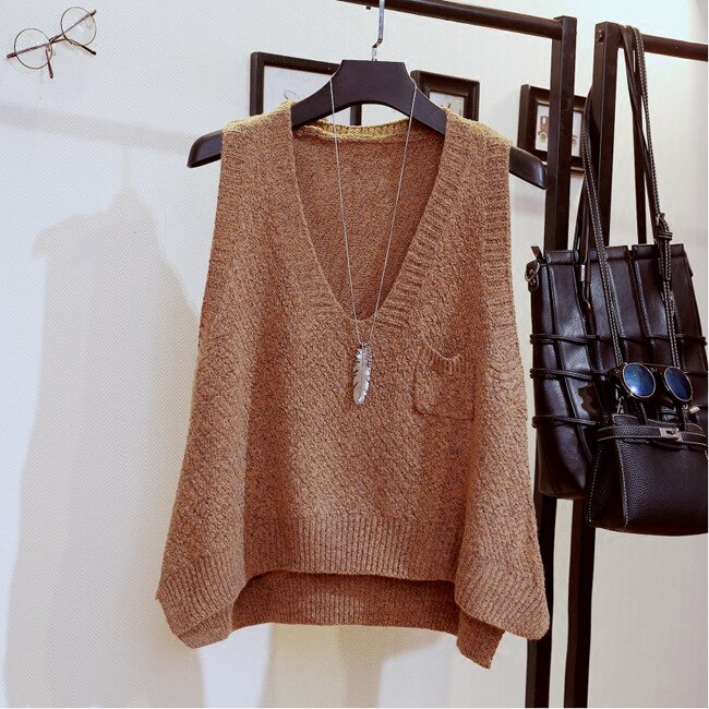 Lente Herfst Losse Vest Truien Vrouwen Casual Solid V-hals Mouwloos Split Truien Vrouwelijke Gebreide Preppy Stijl Trui: ginger