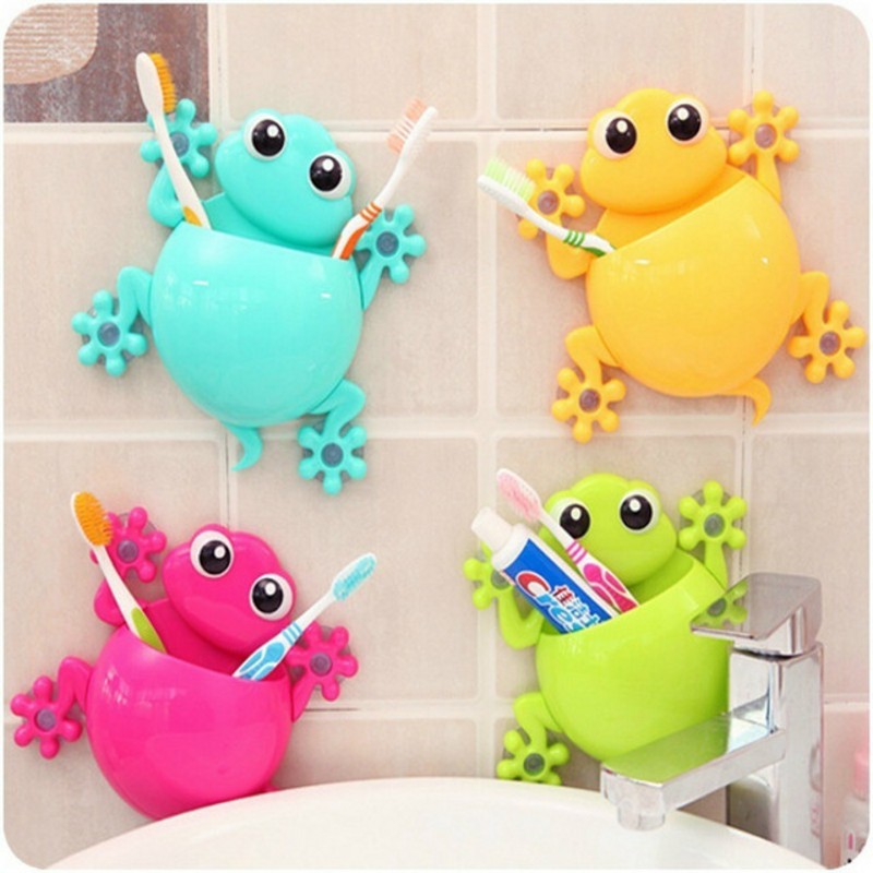 1 Unidad de Soporte de cepillo de dientes de silicona Animal rana para niños, conjunto familiar, colgador de pared para baño, herramienta de almacenamiento de succión